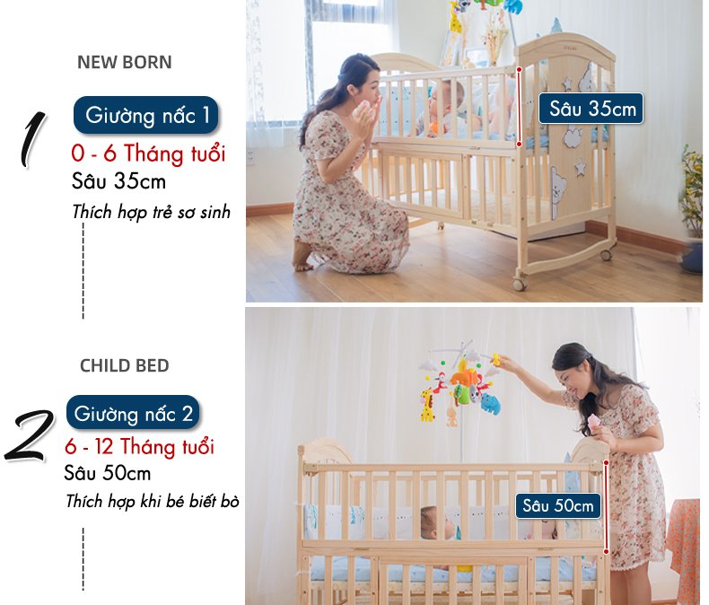 cũi trẻ em đa năng Chilux, điều chỉnh được nhiều chế độ phù hợp cho việc sử dụng của mẹ và bé