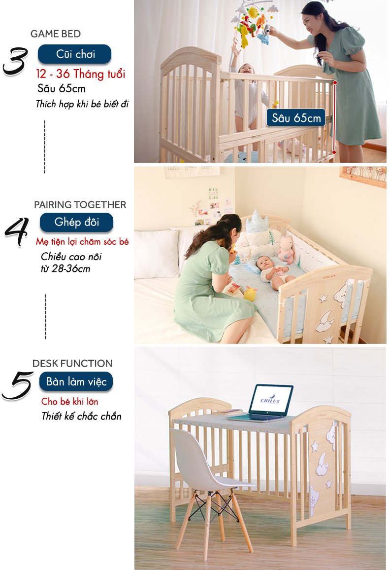giường cũi cho bé sơ sinh Chilux đồng hành cùng bé đến 12 tuổi