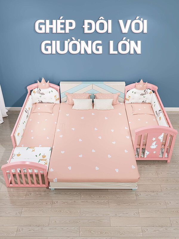 Nôi cũi đa năng cho bé Chilux Peace - Pink ghép đôi với giường bố mẹ