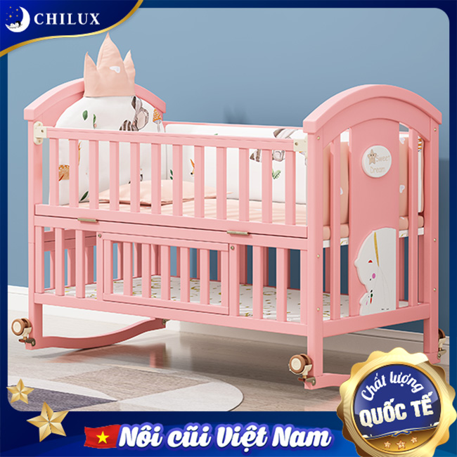 Cũi cho bé sơ sinh Chilux sơn hồng chất lượng, an toàn cho bé Cũi cho bé sơ sinh Chilux sơn hồng chất lượng, an toàn cho bé