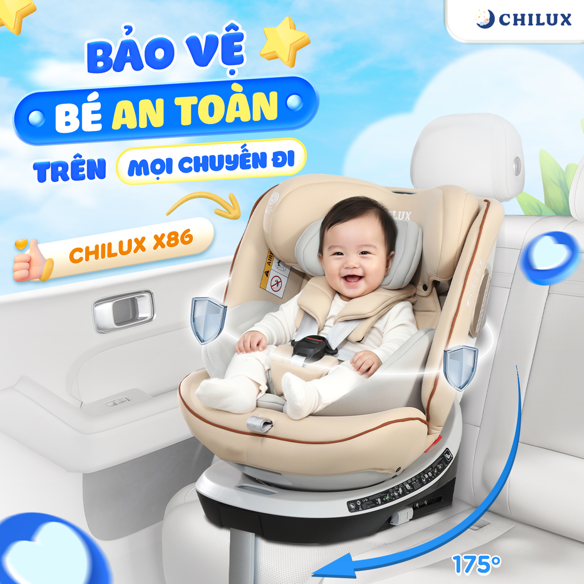 Ghế ô tô cho trẻ em ở Hà Nội Chilux đa năng 5 chế độ ngả lưng xoay 360 độ Ghế ngồi ô tô cho bé ở Hà Nội an toàn, chất lượng tại Chilux