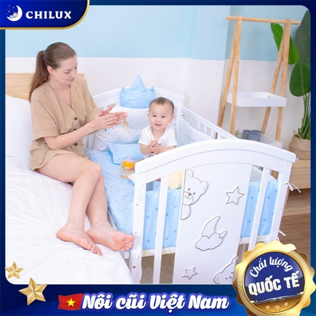 Nôi em bé bằng gỗ có thể kê sát giường bố mẹ - Chilux Peace White