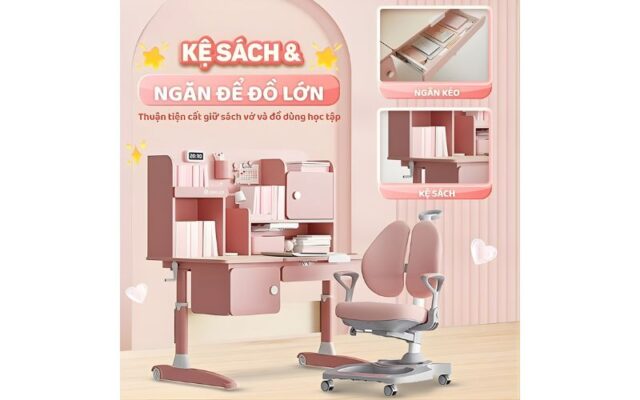 Bàn học thông minh tích hợp kệ sách, ngăn để đồ lớn