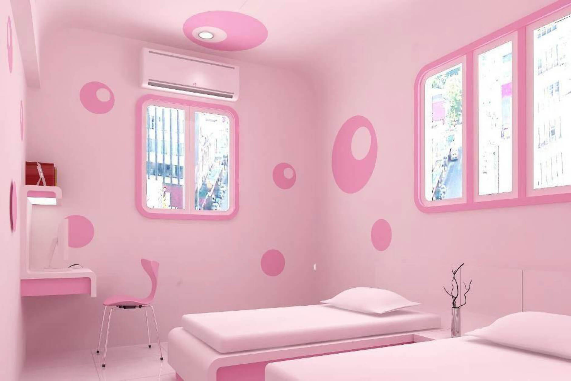 Vẽ tường phòng ngủ cute màu hồng cho bé