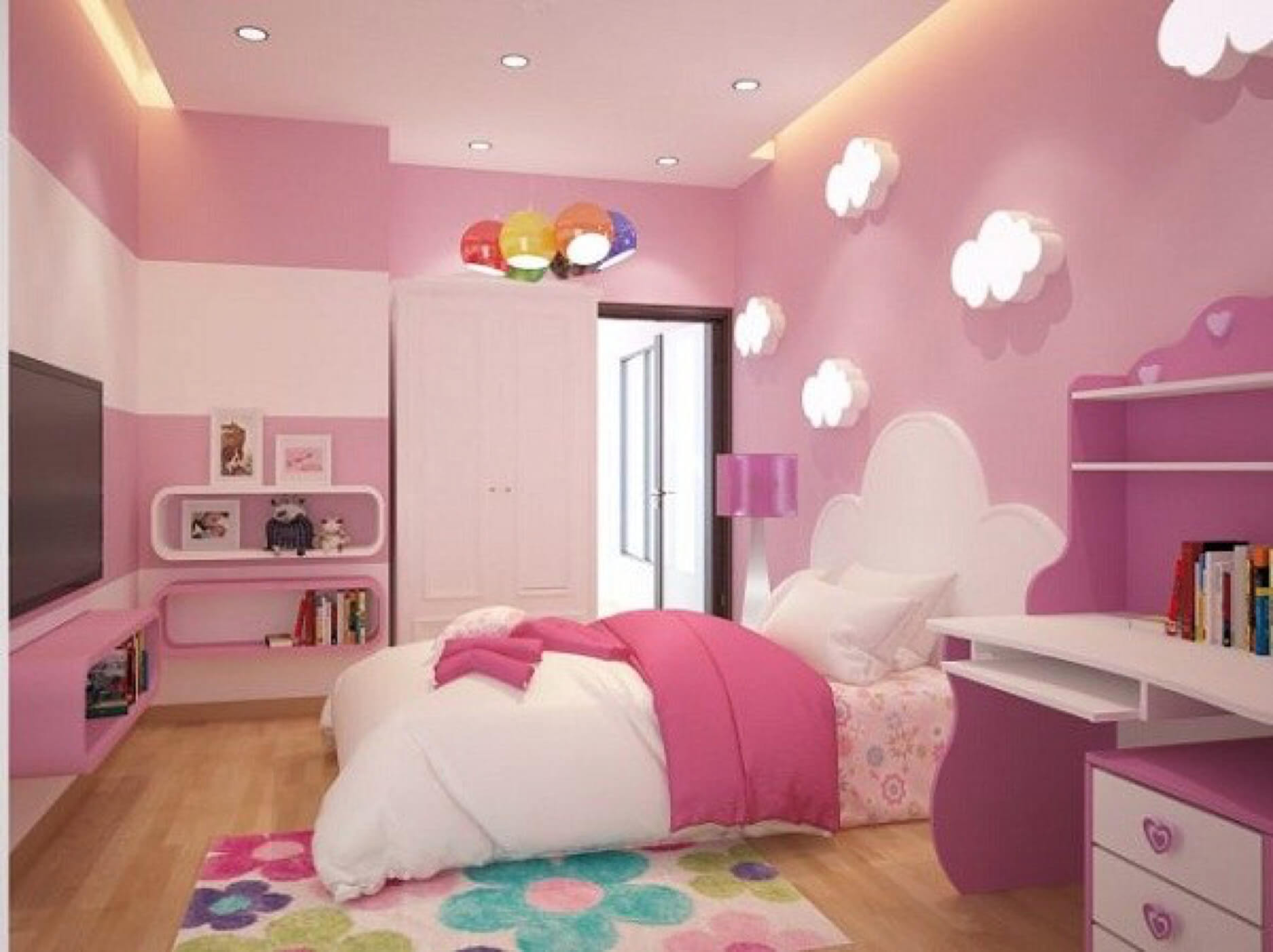 Màu sơn tường phòng ngủ cho bé gái màu hồng