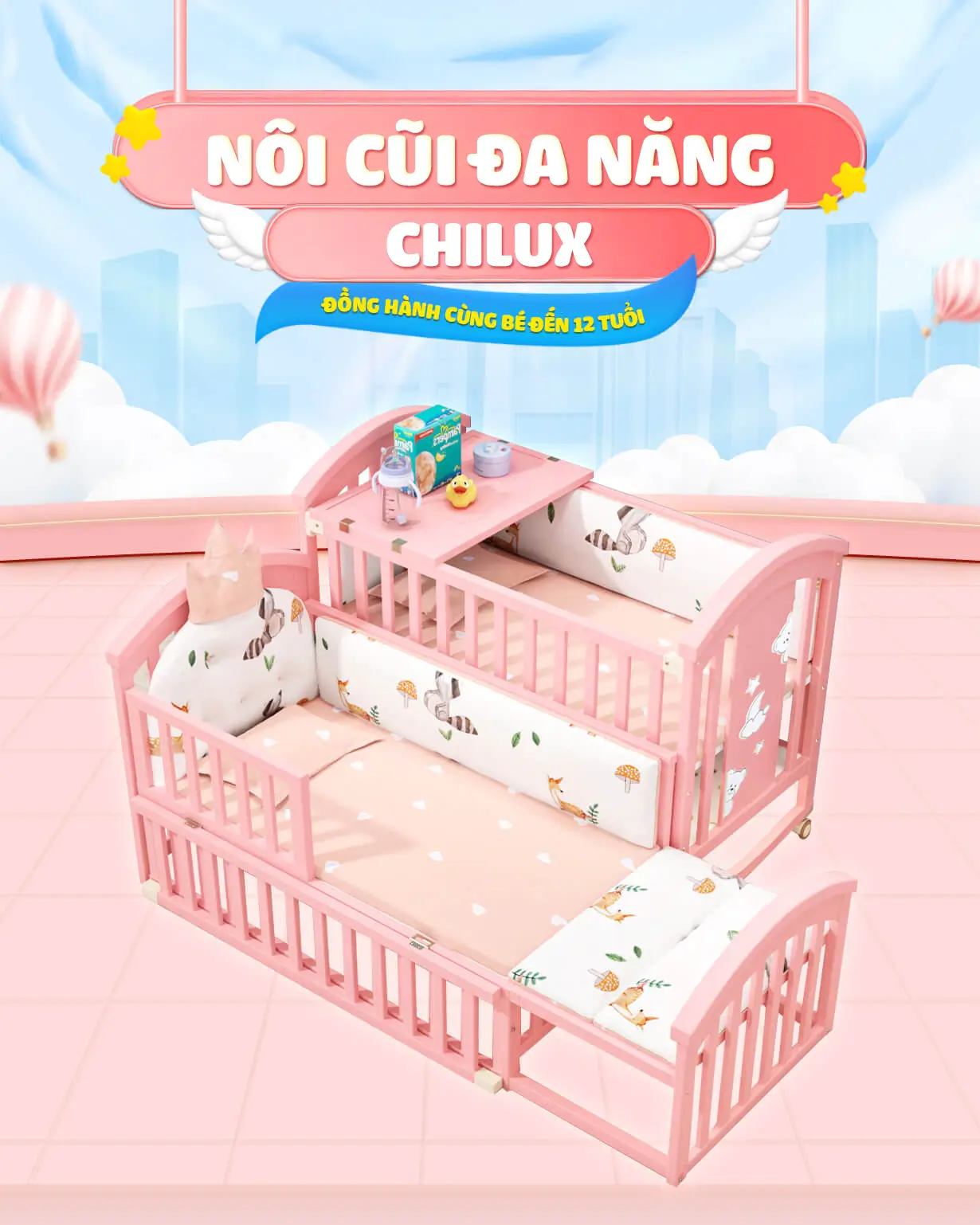 Nôi cũi đa năng 6 chế độ Chilux Peace - Pink dễ dàng thay đổi- đồng hành cùng bé đến tận 12 tuổi